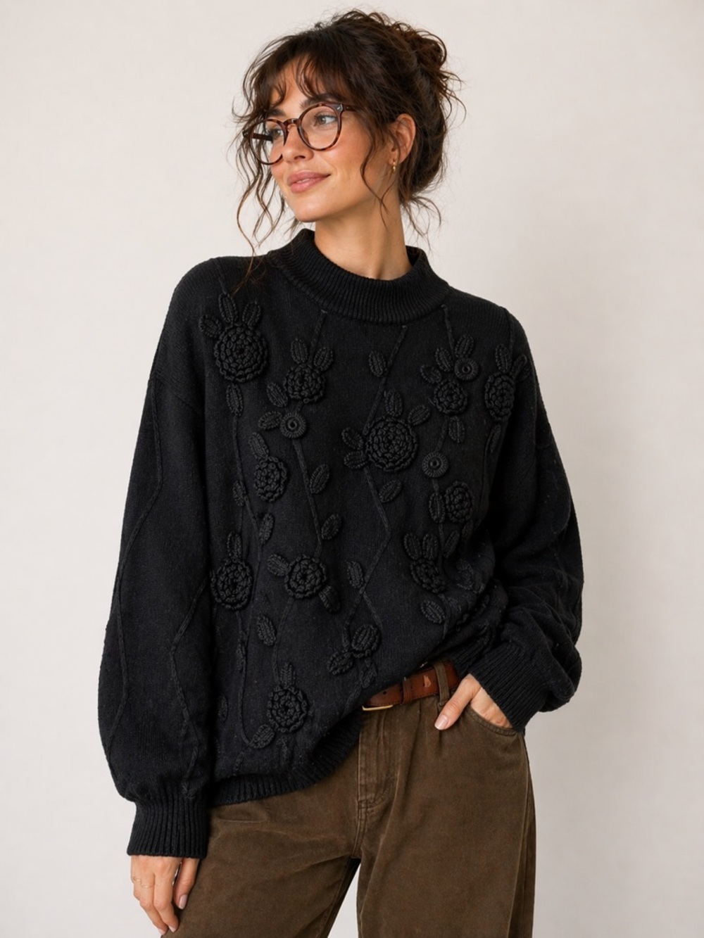 Vintage 90s Black 3D Knit Monochrome Floral Mockneck Sweater by Rafaella